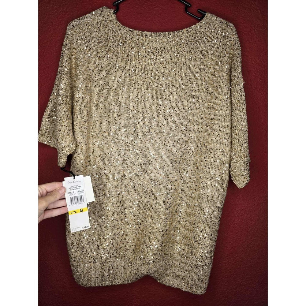 Nue options Women's Sequin Sparkle Knit Top Short Sleeve Beige Gold Party M‎